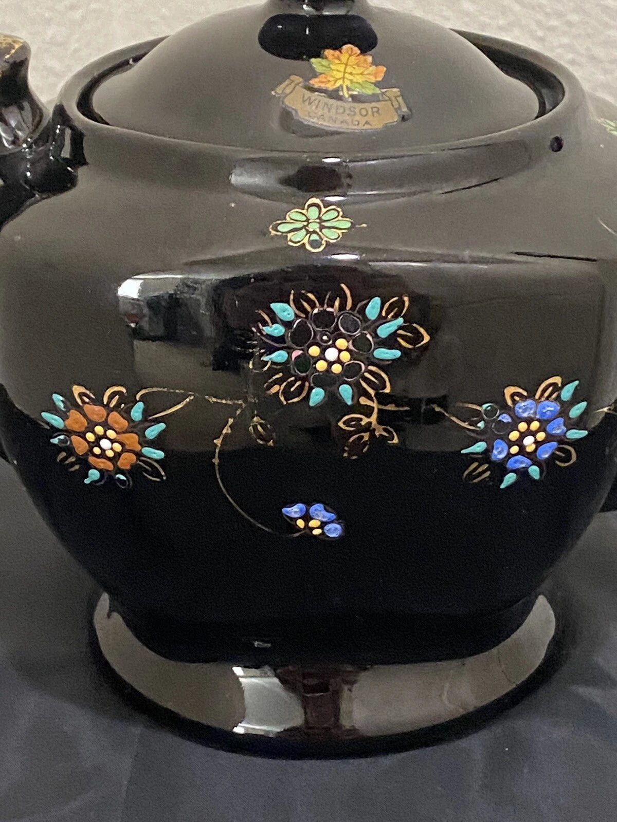 Black Redware Ceramic Teapot Japan Hand Painted Moriage Enamel Floral Gold VTG