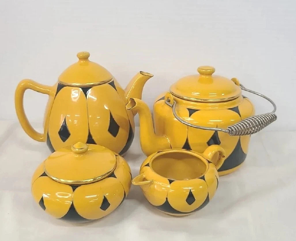 Antique European Enamel Elephant Ear Pattern Tea/Coffee Set