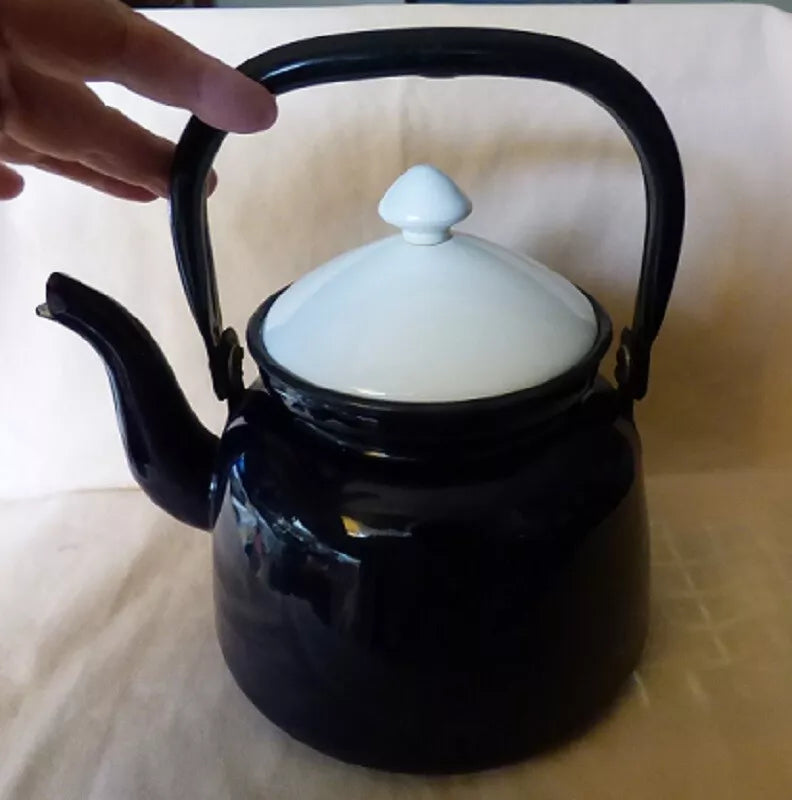 1950s Enamelware Tea Kettle Dark Blue White Lid Interior Huta Silesia Poland 18