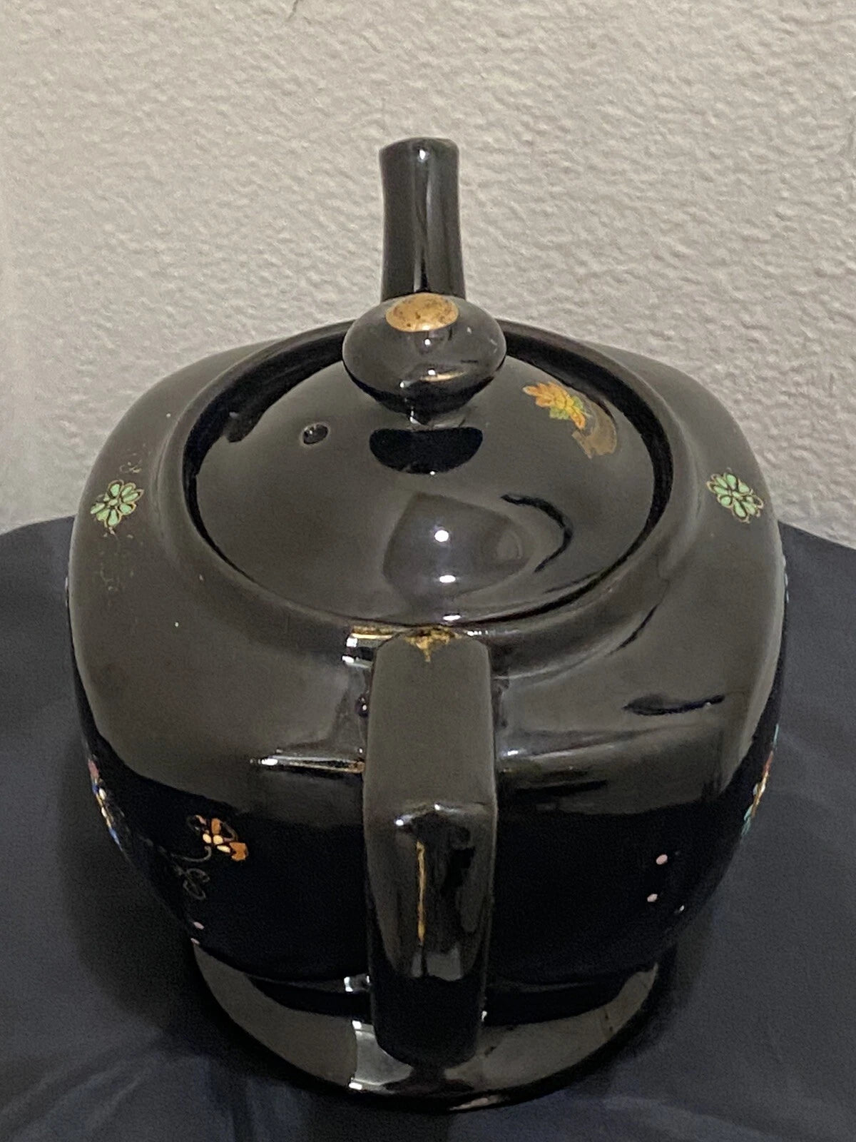 Black Redware Ceramic Teapot Japan Hand Painted Moriage Enamel Floral Gold VTG
