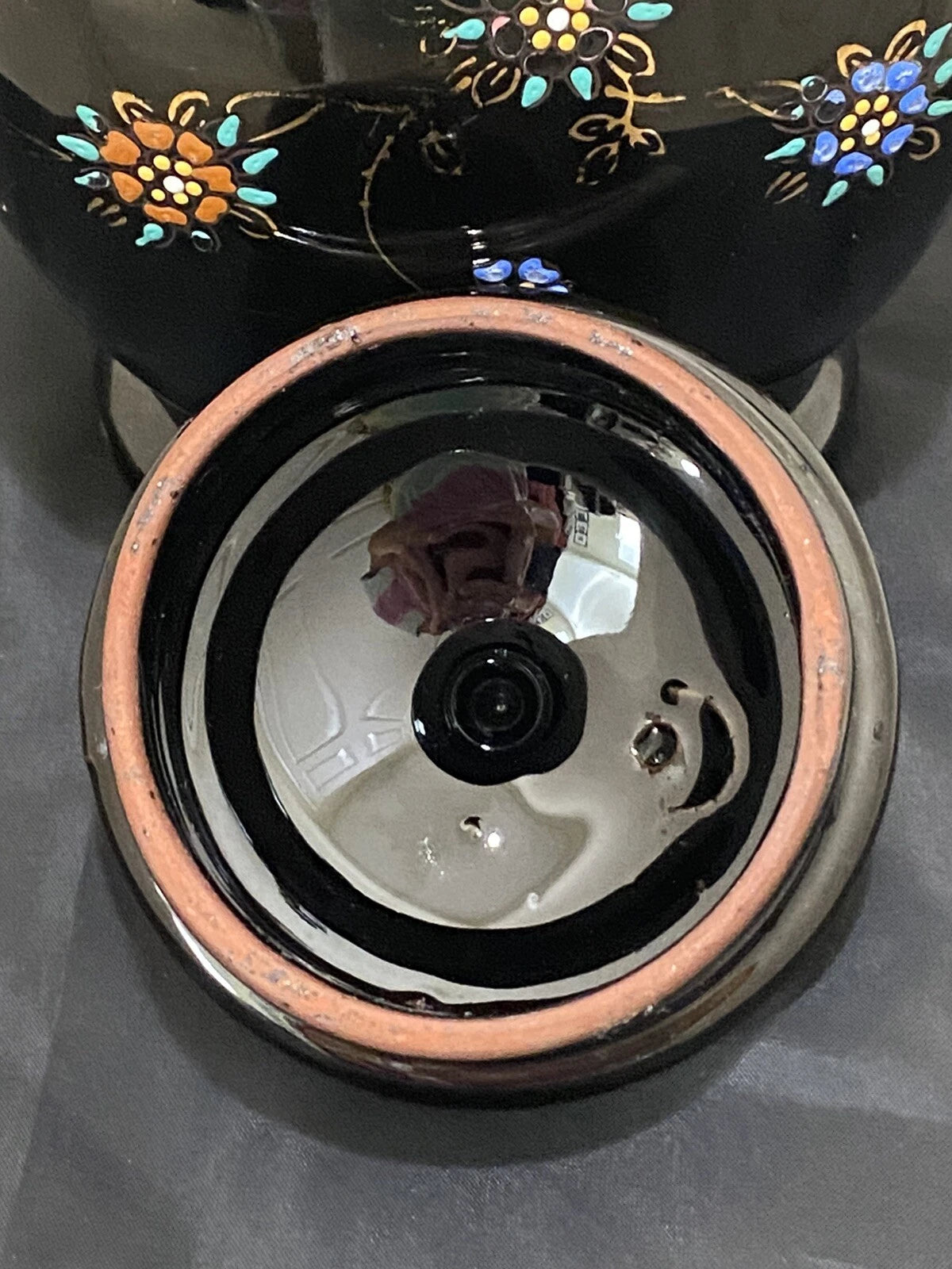 Black Redware Ceramic Teapot Japan Hand Painted Moriage Enamel Floral Gold VTG