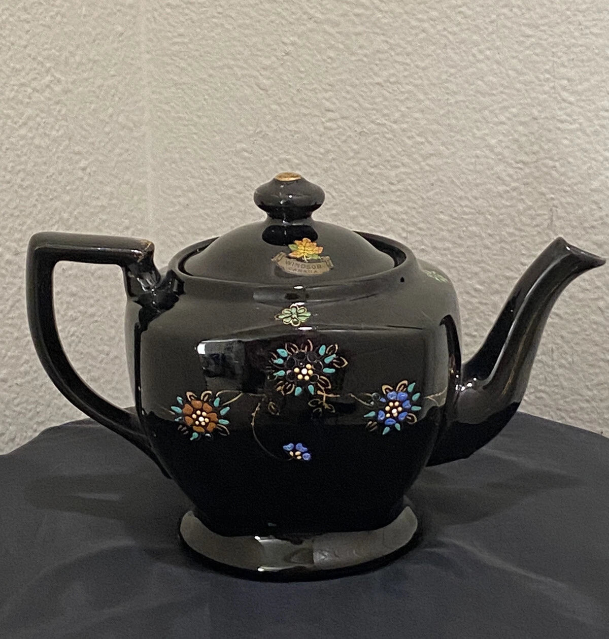 Black Redware Ceramic Teapot Japan Hand Painted Moriage Enamel Floral Gold VTG