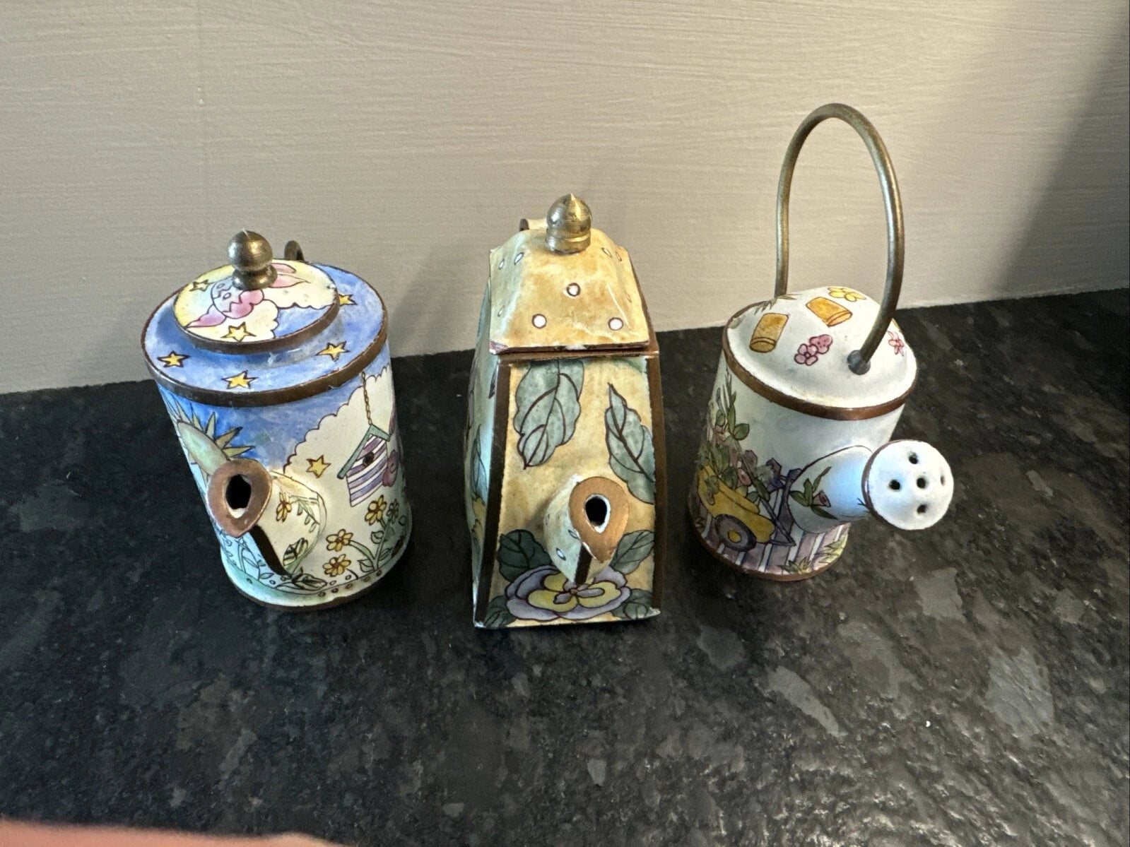 3 Lot Vintage Enameled and Brass Miniature Tea Pots Handmade Empress