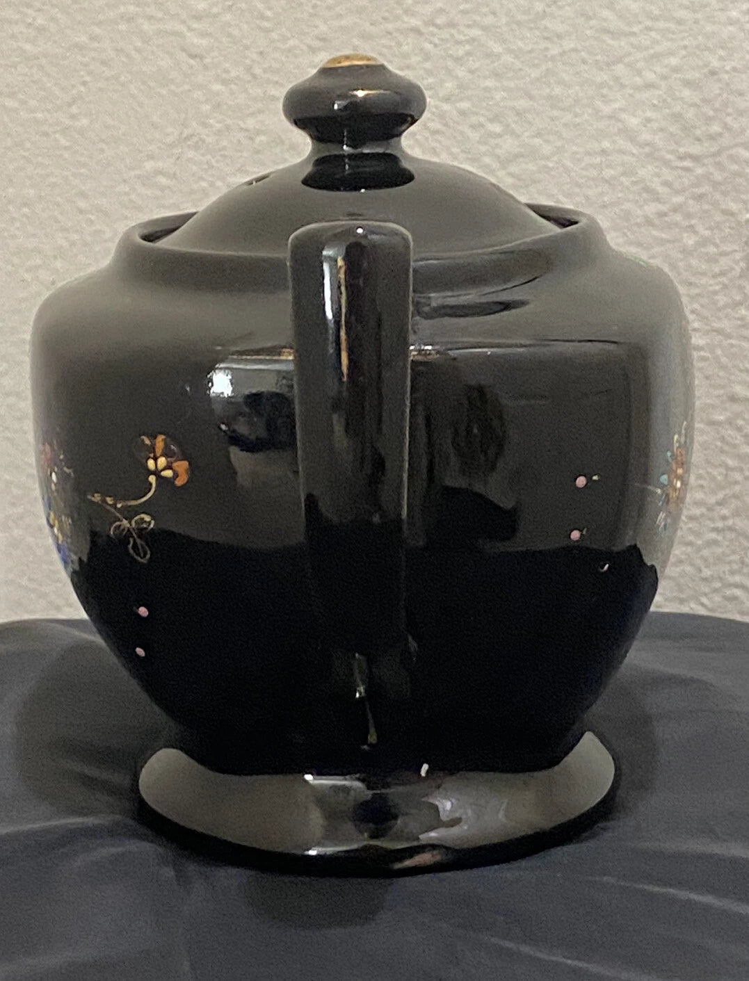 Black Redware Ceramic Teapot Japan Hand Painted Moriage Enamel Floral Gold VTG