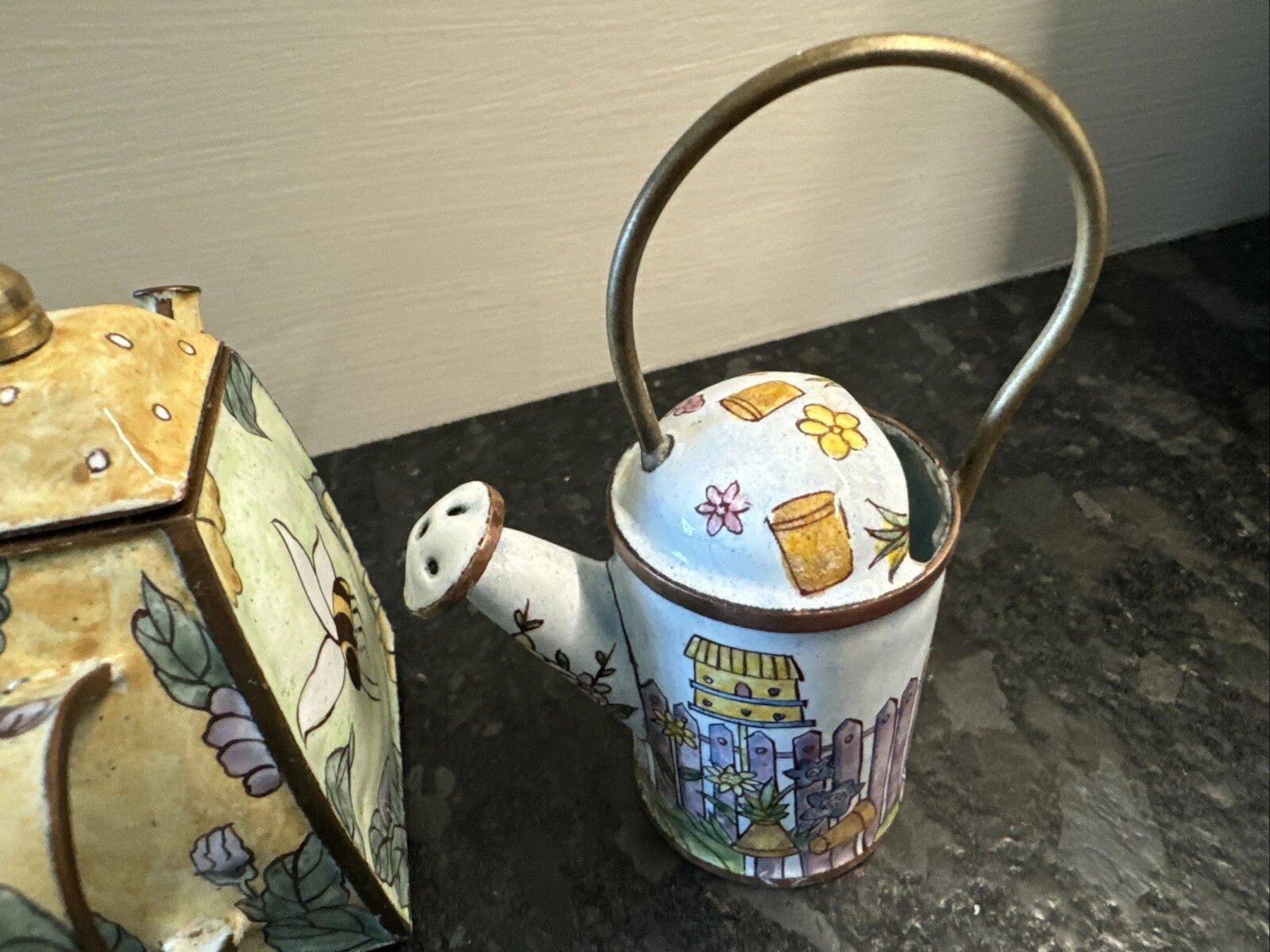 3 Lot Vintage Enameled and Brass Miniature Tea Pots Handmade Empress
