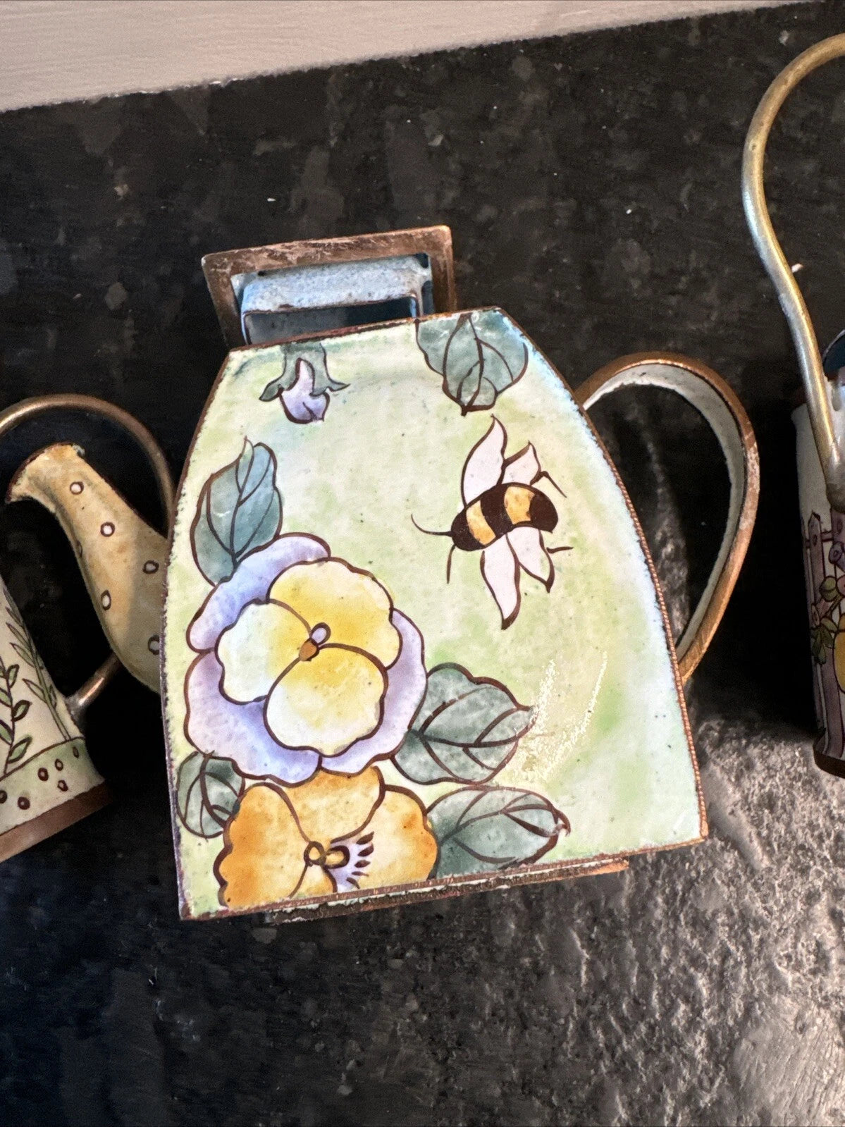 3 Lot Vintage Enameled and Brass Miniature Tea Pots Handmade Empress