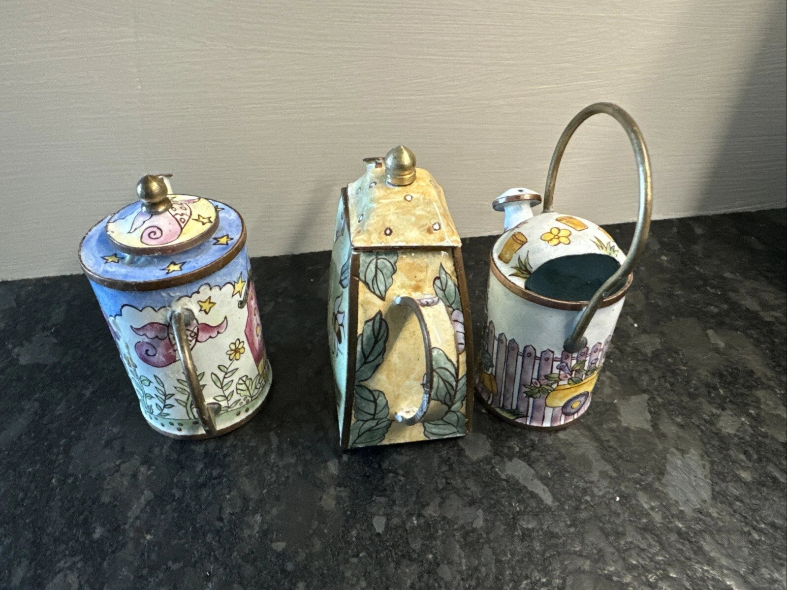 3 Lot Vintage Enameled and Brass Miniature Tea Pots Handmade Empress