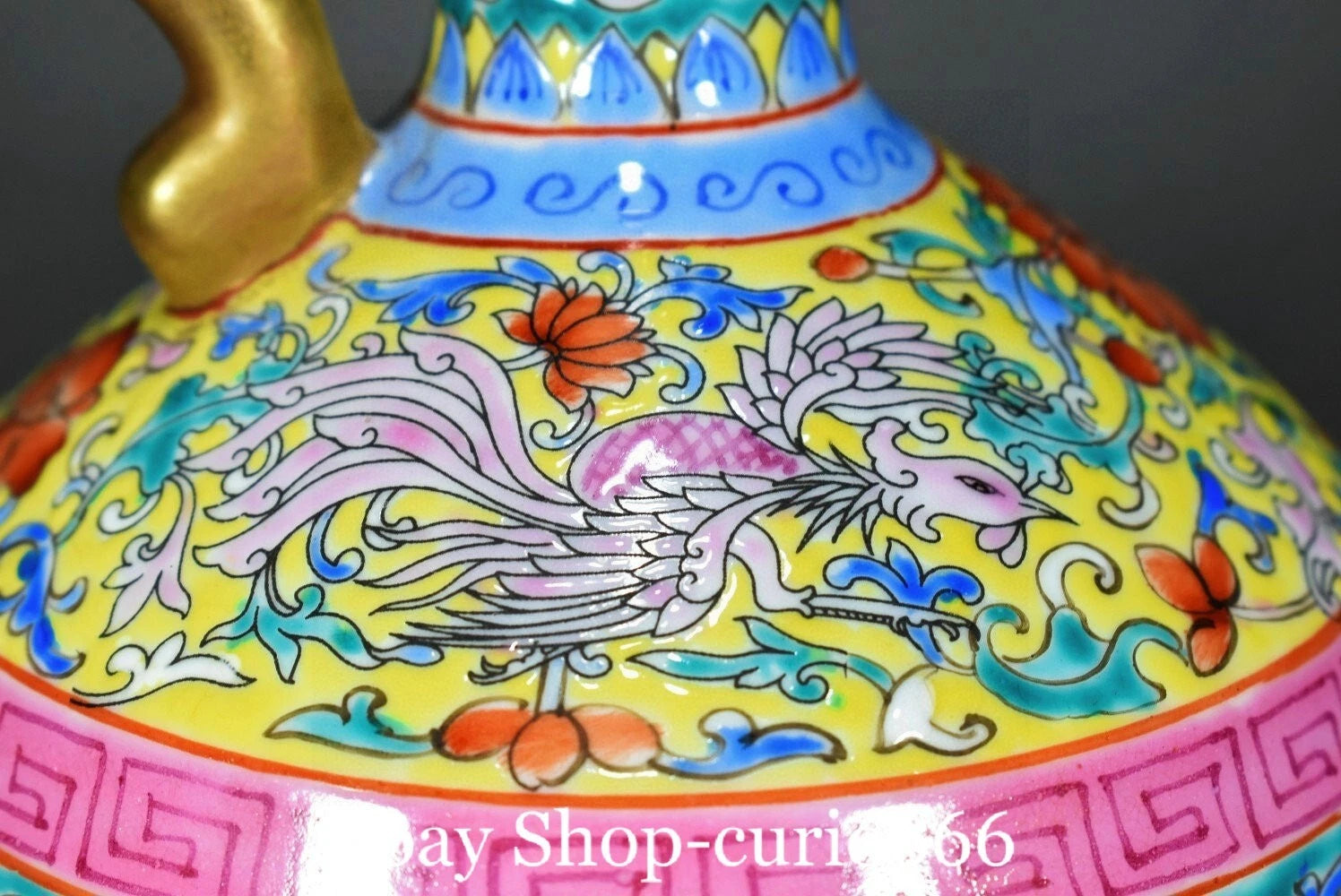 9'' Yongzheng Colour Enamel Porcelain Gilt Dragon Beast Phoenix Bird Kettle Pot