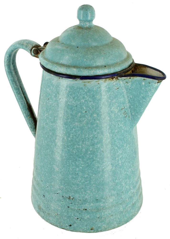 Antique Primitive Large Blue Spatter Enamel Graniteware Agateware Coffee Tea Pot