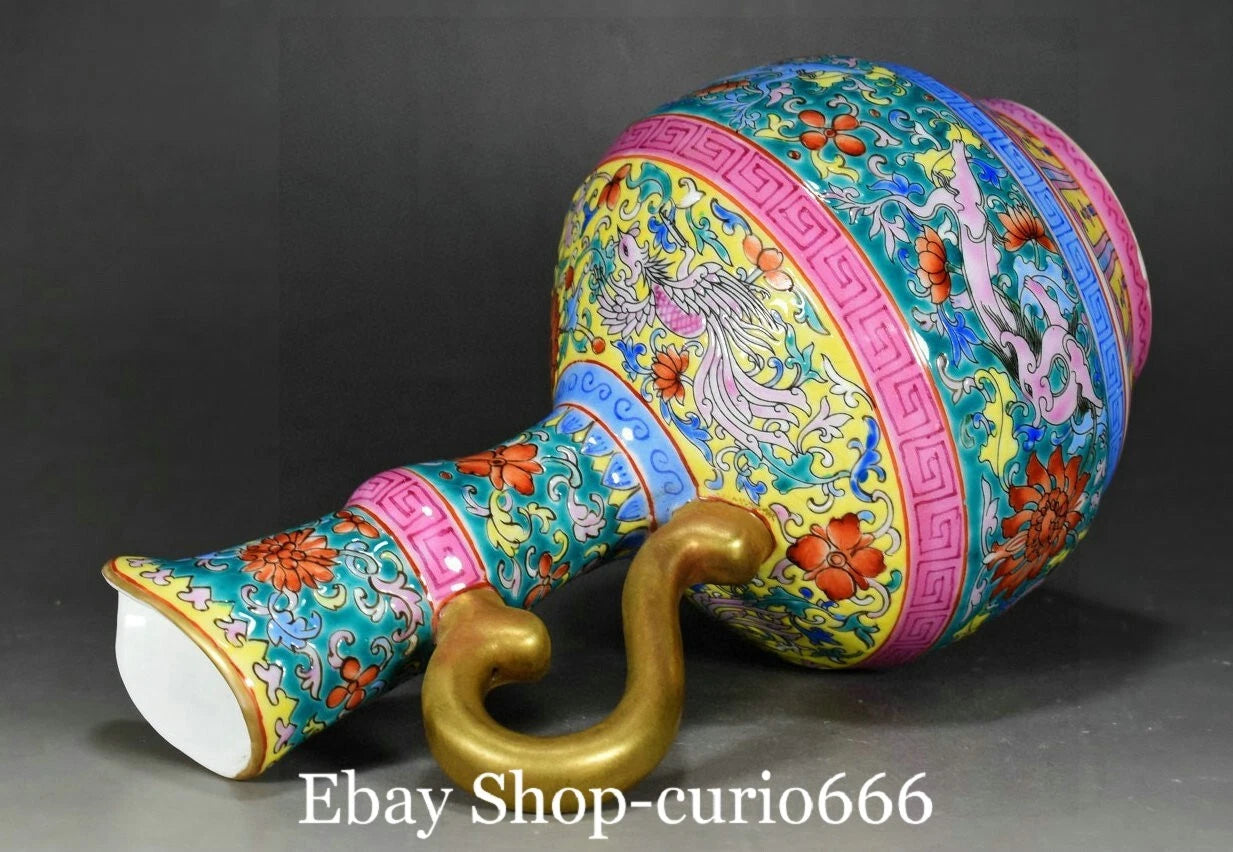9'' Yongzheng Colour Enamel Porcelain Gilt Dragon Beast Phoenix Bird Kettle Pot