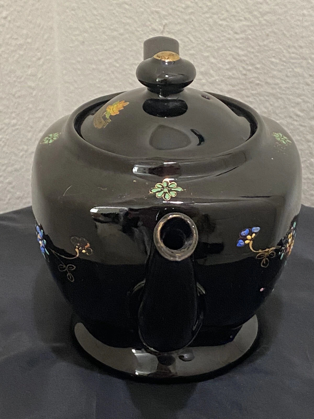 Black Redware Ceramic Teapot Japan Hand Painted Moriage Enamel Floral Gold VTG