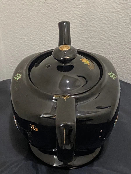 Black Redware Ceramic Teapot Japan Hand Painted Moriage Enamel Floral Gold VTG