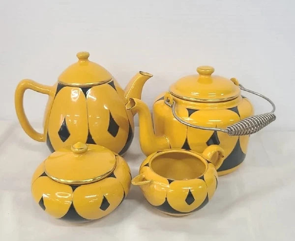 Antique European Enamel Elephant Ear Pattern Tea/Coffee Set