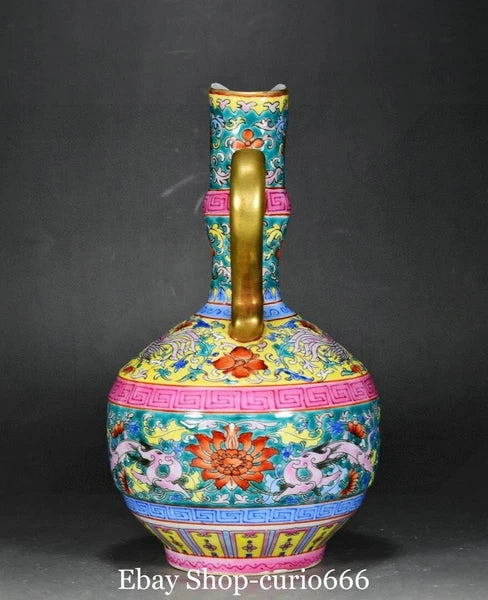 9'' Yongzheng Colour Enamel Porcelain Gilt Dragon Beast Phoenix Bird Kettle Pot