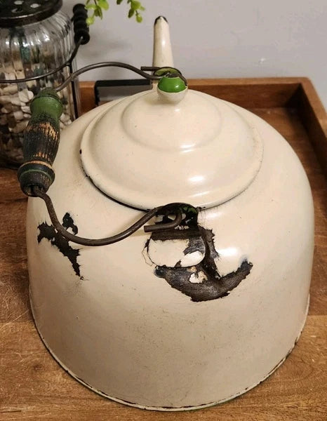 Antique Vintage Cream w/Green Large Gooseneck Tea Kettle Farmhouse Decor