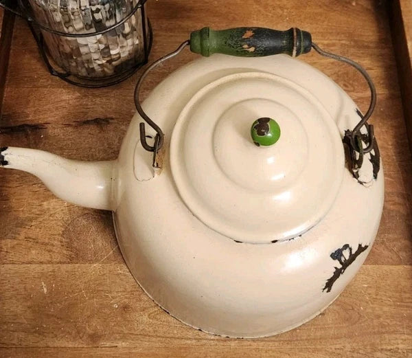 Antique Vintage Cream w/Green Large Gooseneck Tea Kettle Farmhouse Decor
