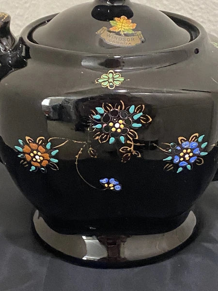 Black Redware Ceramic Teapot Japan Hand Painted Moriage Enamel Floral Gold VTG
