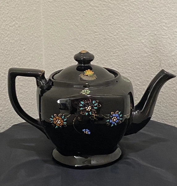 Black Redware Ceramic Teapot Japan Hand Painted Moriage Enamel Floral Gold VTG