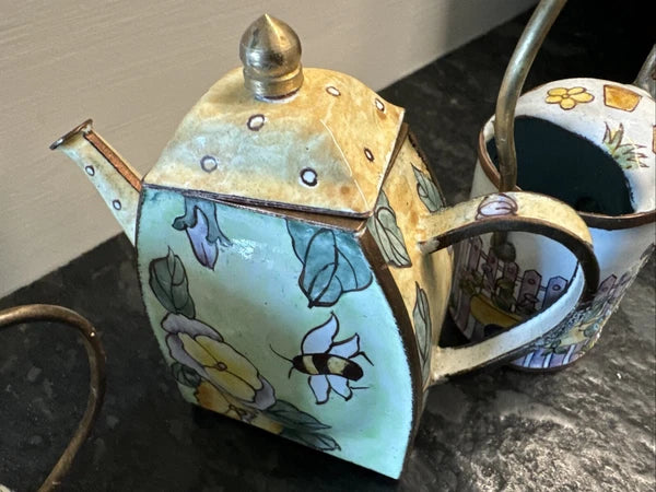 3 Lot Vintage Enameled and Brass Miniature Tea Pots Handmade Empress