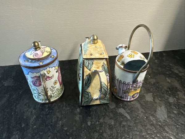 3 Lot Vintage Enameled and Brass Miniature Tea Pots Handmade Empress
