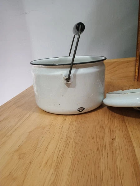 Antique Enamel Tea Kettle White with Black Rim