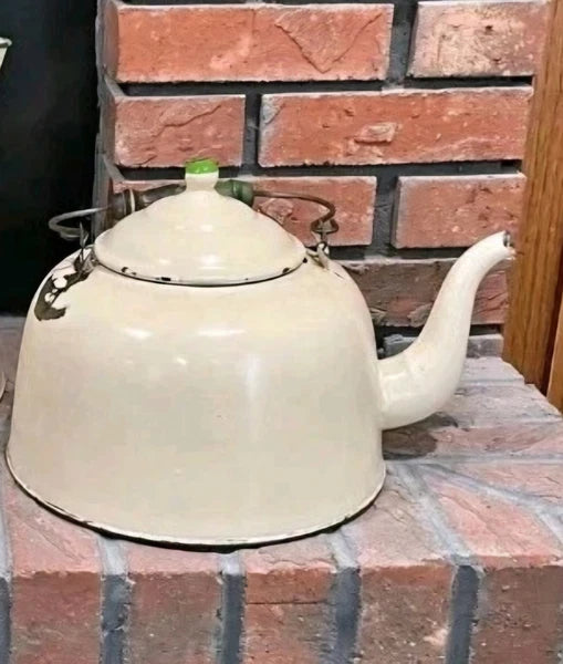 Antique Vintage Cream w/Green Large Gooseneck Tea Kettle Farmhouse Decor