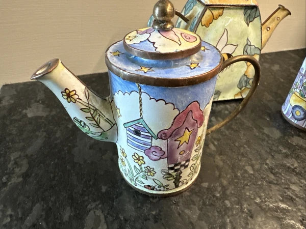 3 Lot Vintage Enameled and Brass Miniature Tea Pots Handmade Empress
