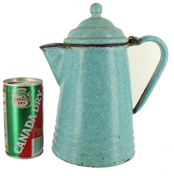 Antique Primitive Large Blue Spatter Enamel Graniteware Agateware Coffee Tea Pot