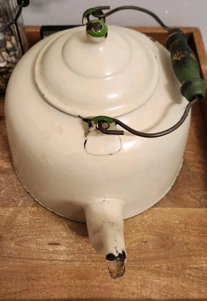 Antique Vintage Cream w/Green Large Gooseneck Tea Kettle Farmhouse Decor