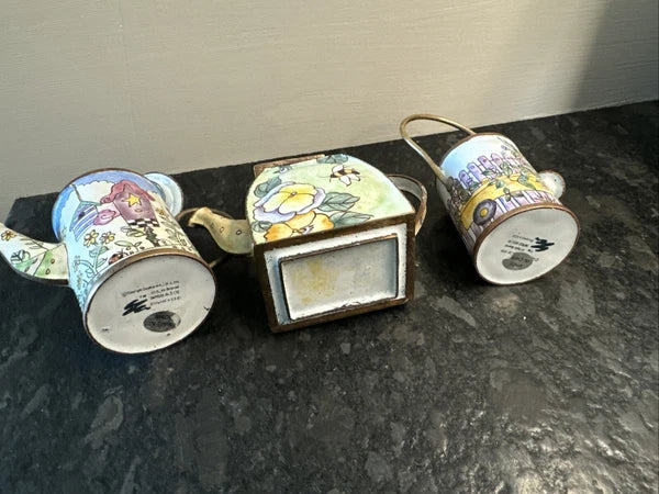 3 Lot Vintage Enameled and Brass Miniature Tea Pots Handmade Empress