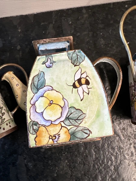 3 Lot Vintage Enameled and Brass Miniature Tea Pots Handmade Empress