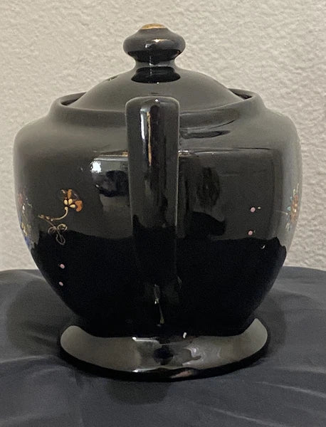 Black Redware Ceramic Teapot Japan Hand Painted Moriage Enamel Floral Gold VTG