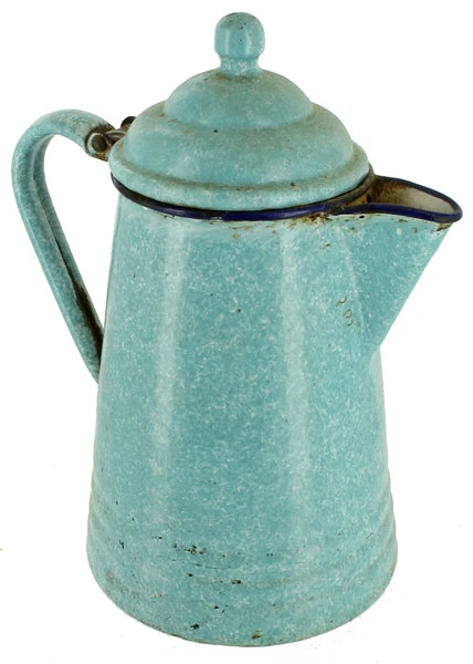 Antique Primitive Large Blue Spatter Enamel Graniteware Agateware Coffee Tea Pot