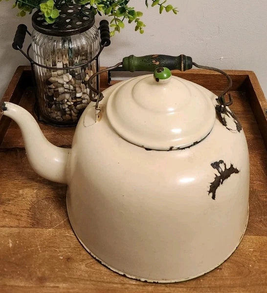 Antique Vintage Cream w/Green Large Gooseneck Tea Kettle Farmhouse Decor