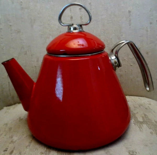 Chantal Red Enamel Tea Kettle Blue Inside Cone Shape Vintage modern