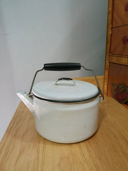 Antique Enamel Tea Kettle White with Black Rim