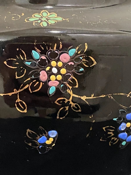 Black Redware Ceramic Teapot Japan Hand Painted Moriage Enamel Floral Gold VTG