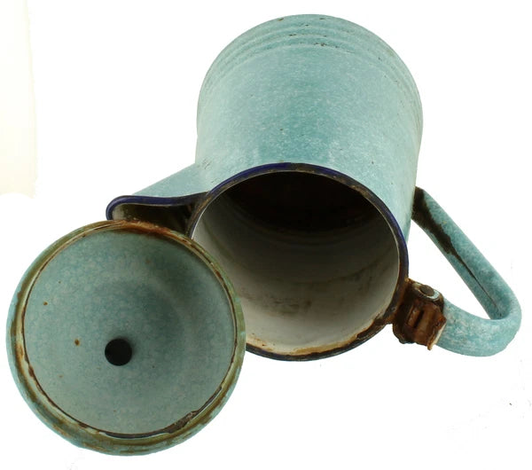 Antique Primitive Large Blue Spatter Enamel Graniteware Agateware Coffee Tea Pot