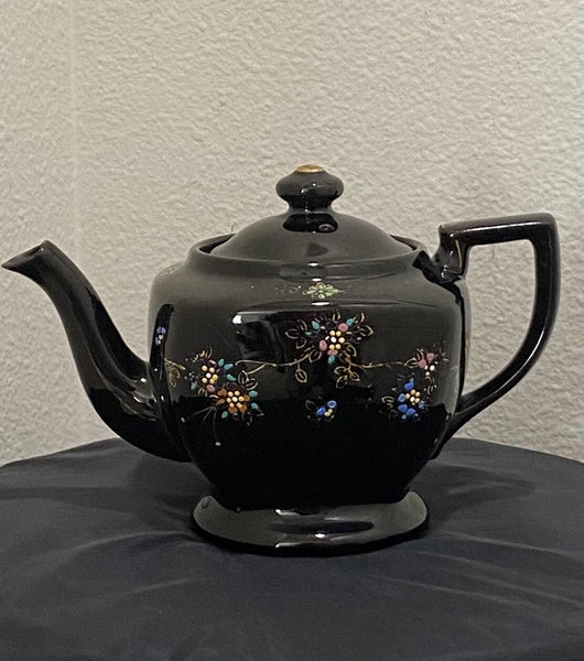 Black Redware Ceramic Teapot Japan Hand Painted Moriage Enamel Floral Gold VTG