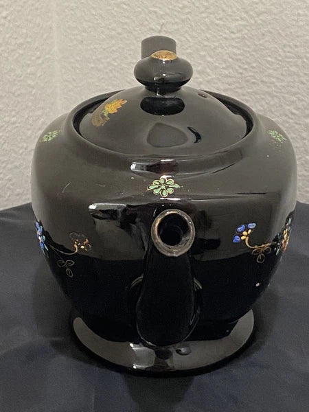Black Redware Ceramic Teapot Japan Hand Painted Moriage Enamel Floral Gold VTG