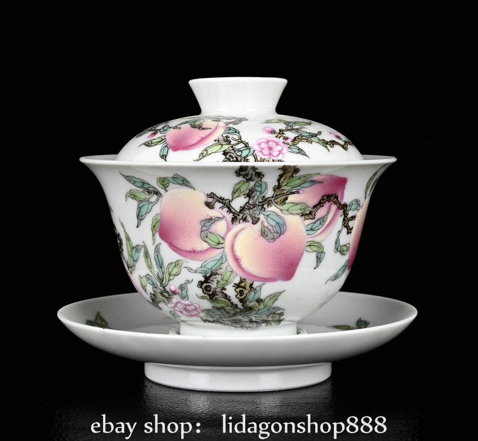 4.4" Yongzheng Marked Enamel Porcelain Peach Pattern Lid Bowl Cup Plate Set