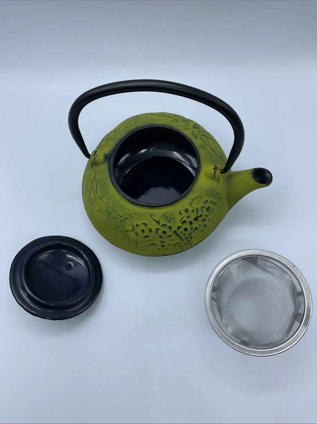 Kyusu Teapot Cast Iron Creative home, Lime Green, Bamboo Design, Infusion Basket