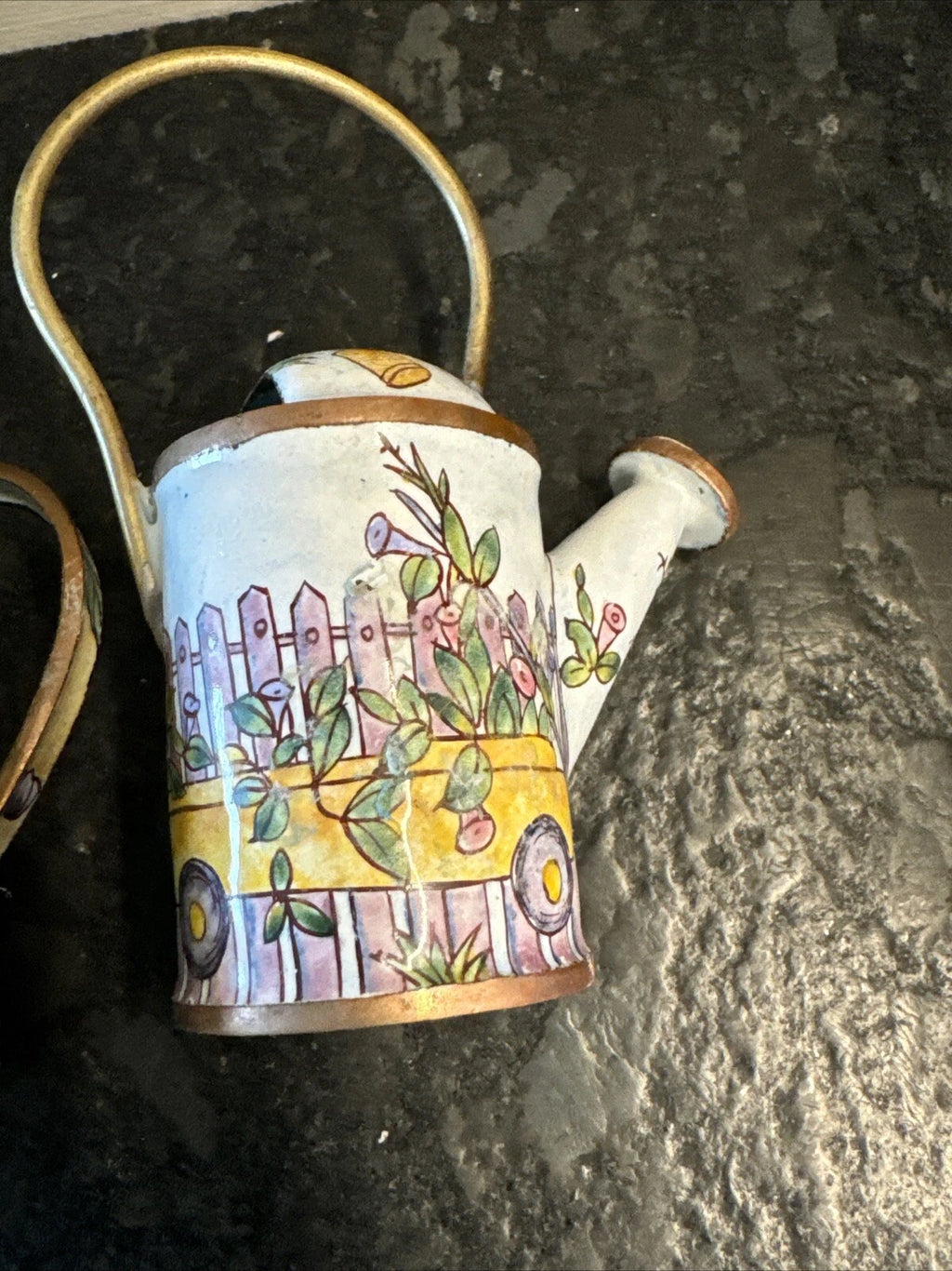 3 Lot Vintage Enameled and Brass Miniature Tea Pots Handmade Empress