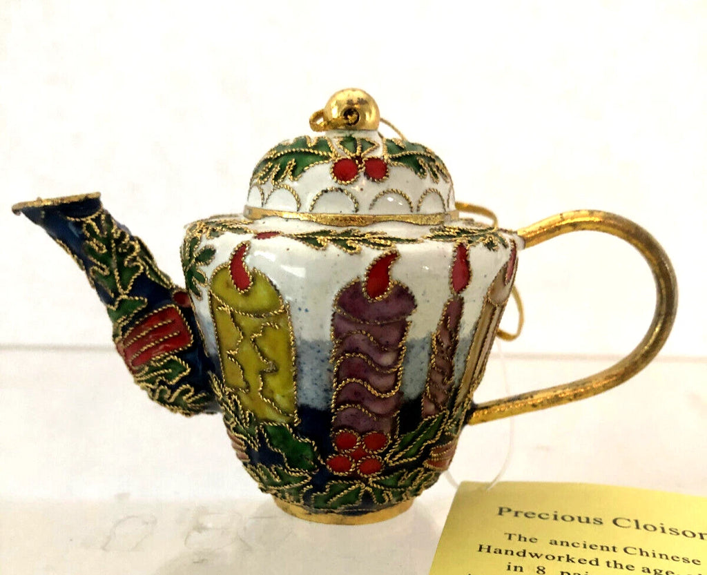 Cloisonné Style Enamel Mini Teapot Ornament White w/ Candles and Holly Leaves