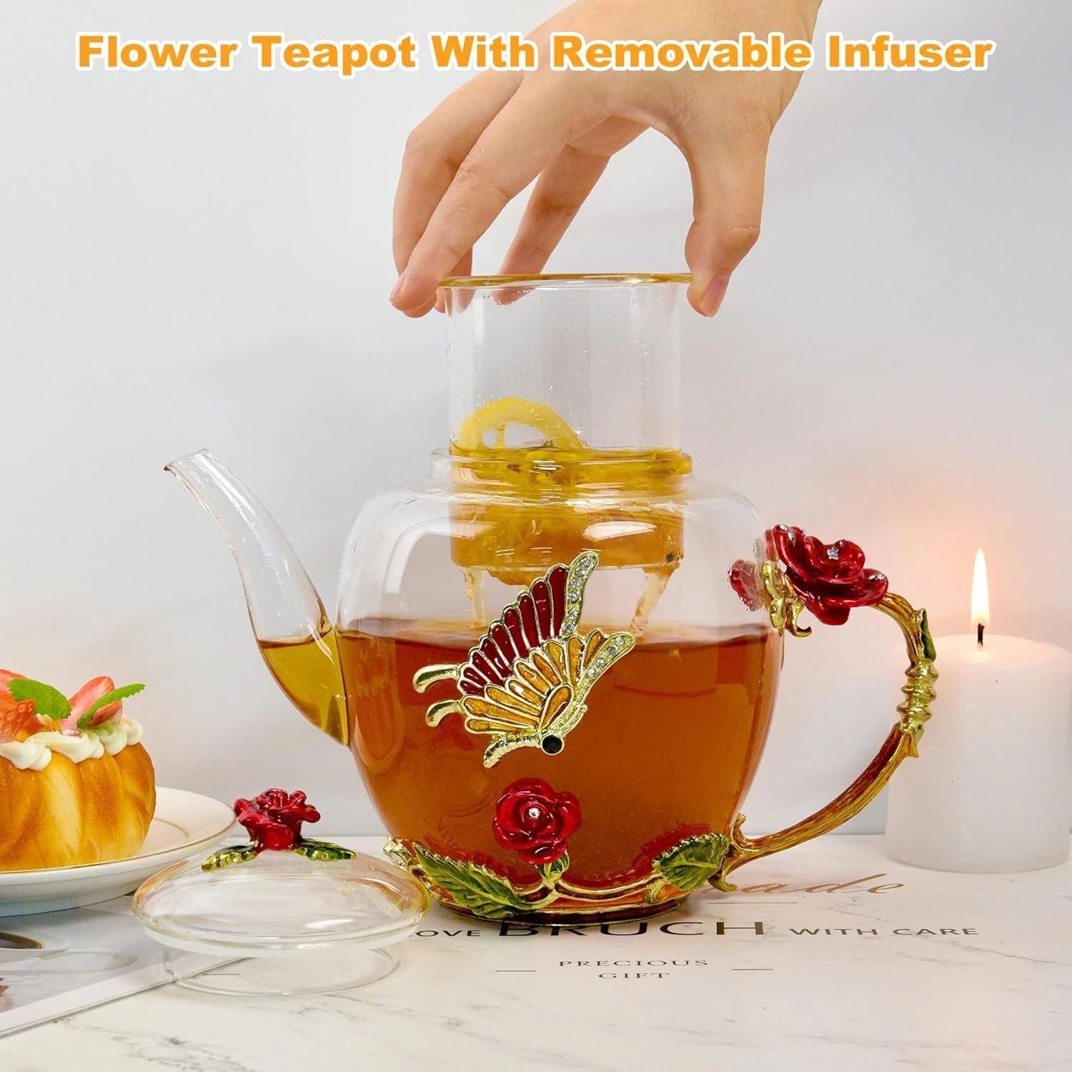 Elegant 46oz Glass Teapot with Butterfly & Flower Design - Removable Infuser