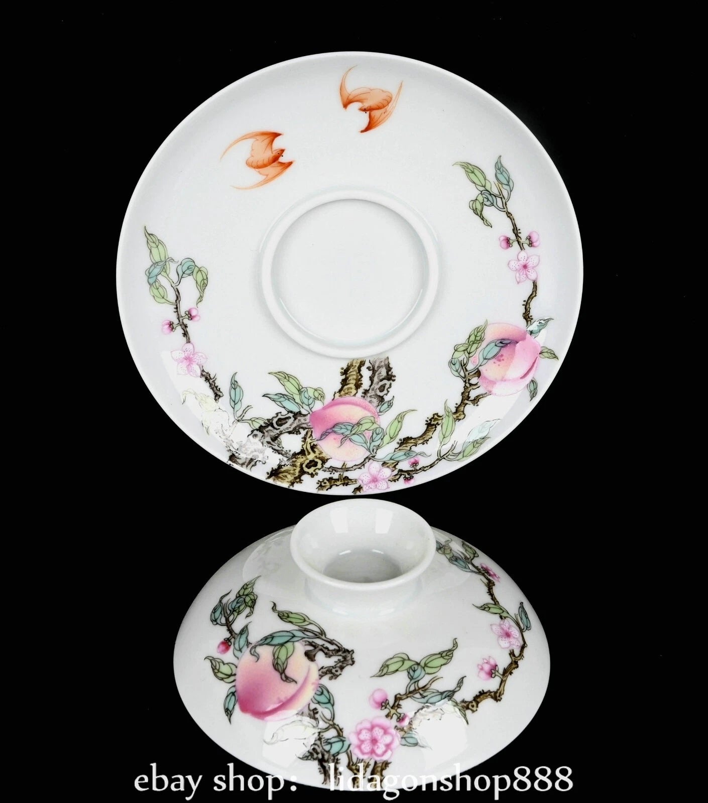 4.4" Yongzheng Marked Enamel Porcelain Peach Pattern Lid Bowl Cup Plate Set