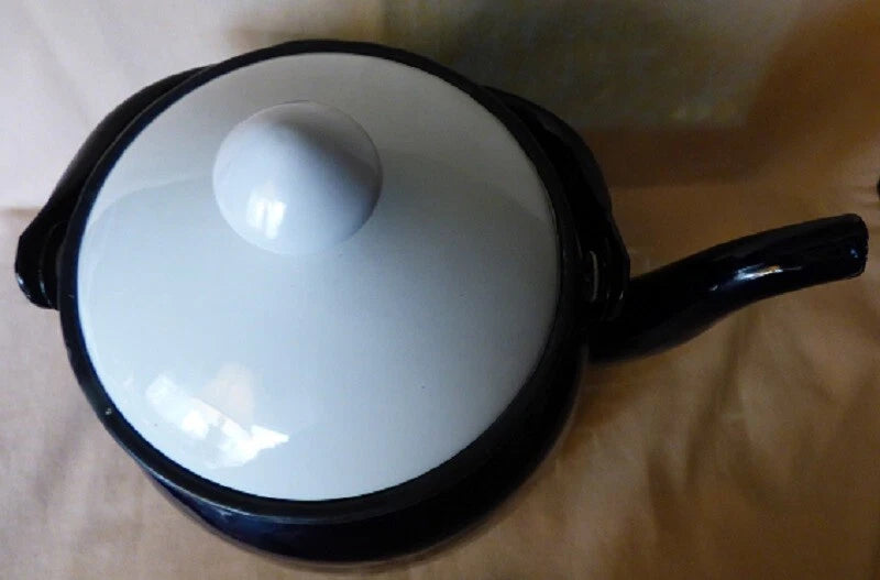 1950s Enamelware Tea Kettle Dark Blue White Lid Interior Huta Silesia Poland 18