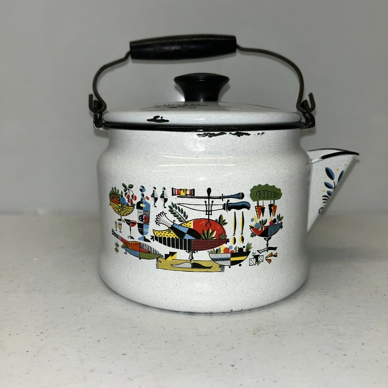 Georges Briard Enamel Ware Tea Kettle Turkey Dinner Pattern