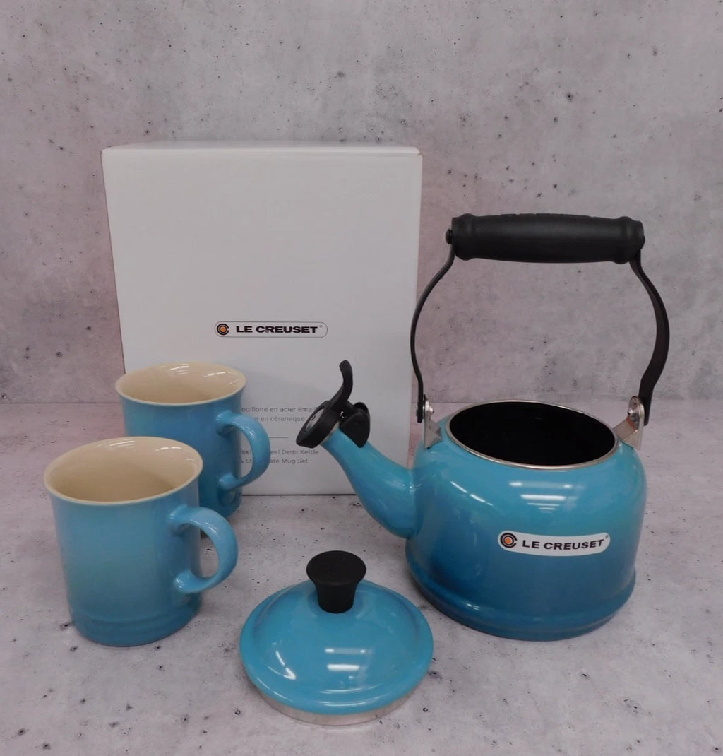 Le Creuset Enamel on Steel 1.25 Quart Demi Tea Kettle and 2 Mug Set, Caribbean