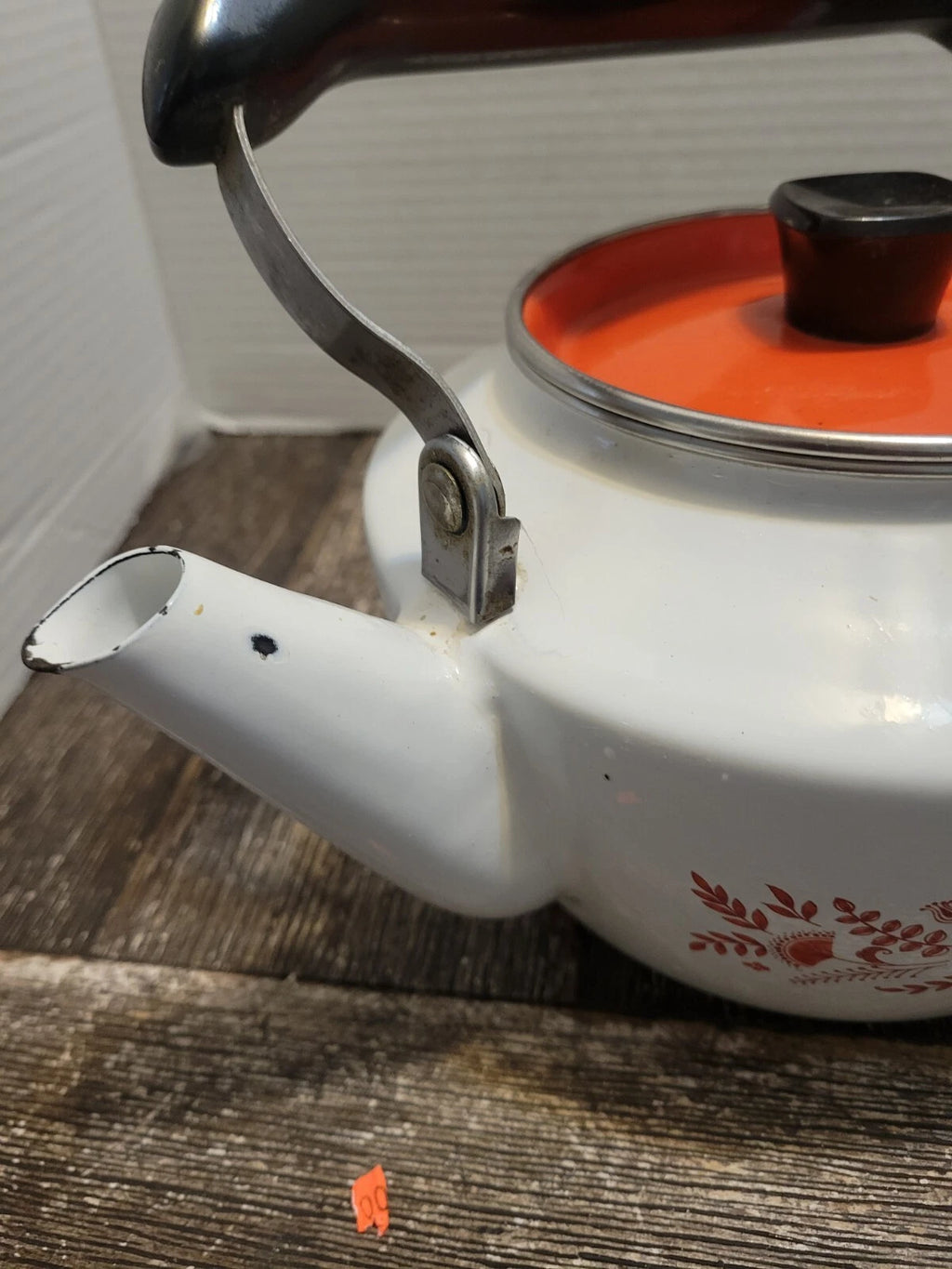 Debonaire Japan Enamelware Tea Kettle White w Orange Red Pattern & Lid MCM